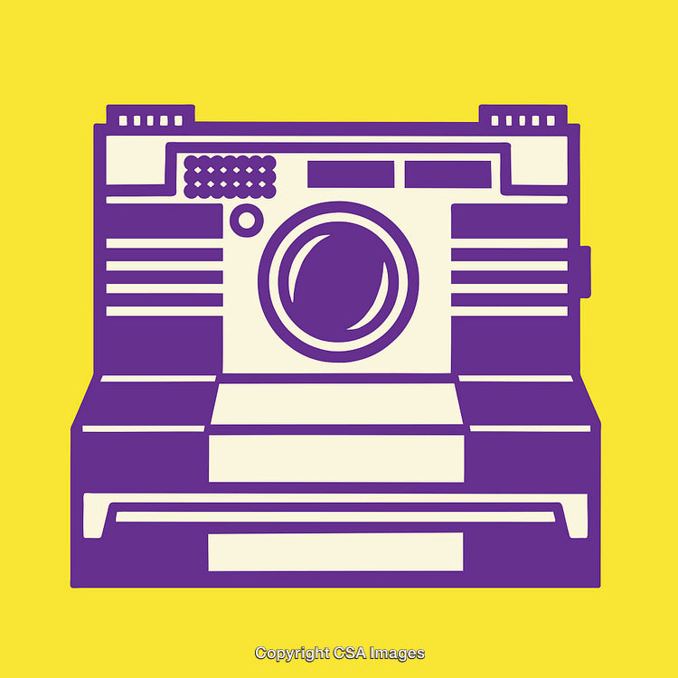 Vintage Camera Illustration in Purple on Bold Yellow Background