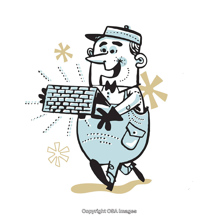 Cheerful Cartoon Worker Holding Brick in Colorful Illustration