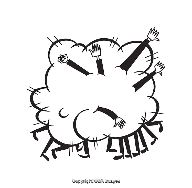 Black and White Illustration of a Humorous Cartoon Tussle With Characters