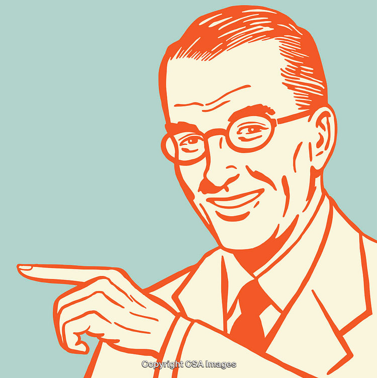 Retro Styled Illustration of Smiling Man with Glasses Pointing