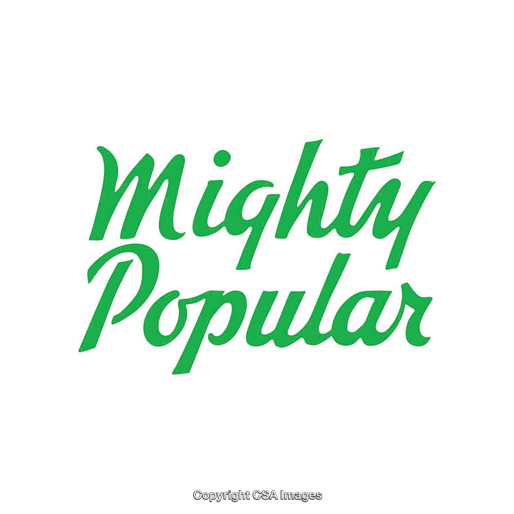 Bold Green Lettering Featuring the Motto Mighty Popular on White Background