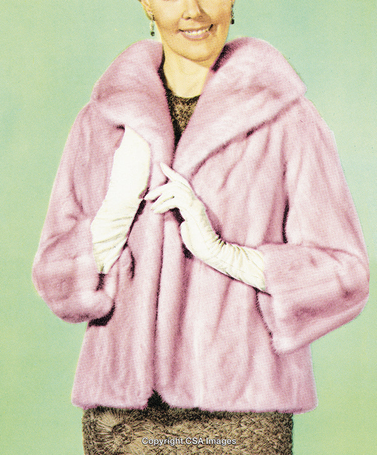 Elegant Woman in Vintage Pink Fur Coat and Gloves