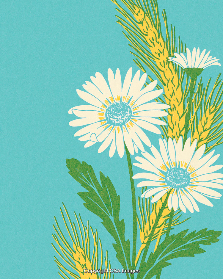 Vibrant Wildflowers and Wheat on Bright Aqua Background in Vintage Style