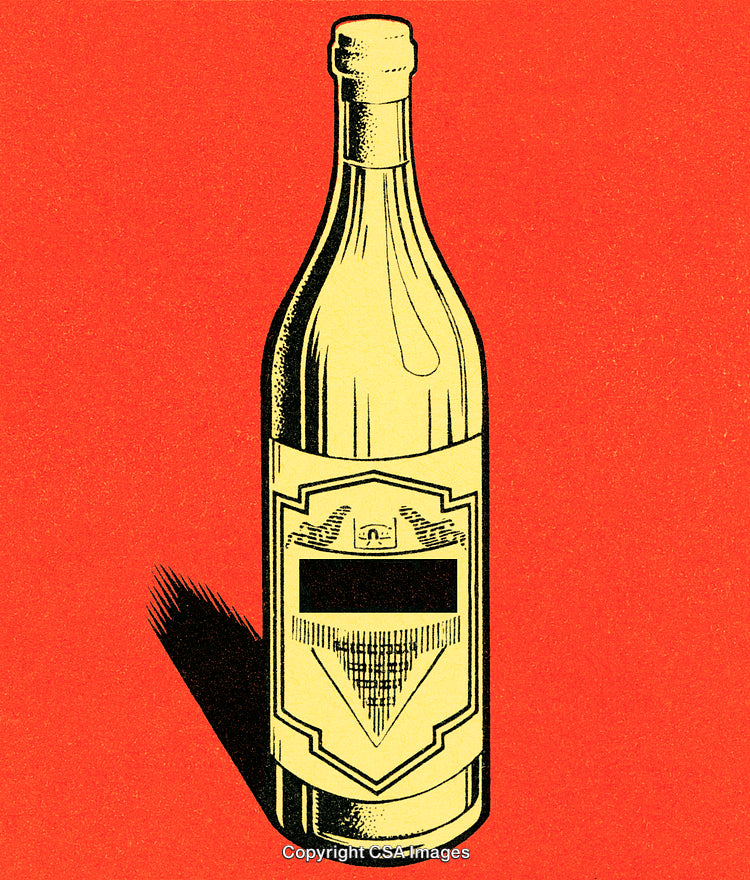 Vintage-Style Illustration of a Wine Bottle on Vibrant Red Background