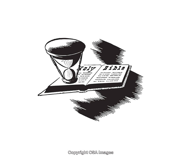 Black and White Illustration of an Open Bible with Hourglass