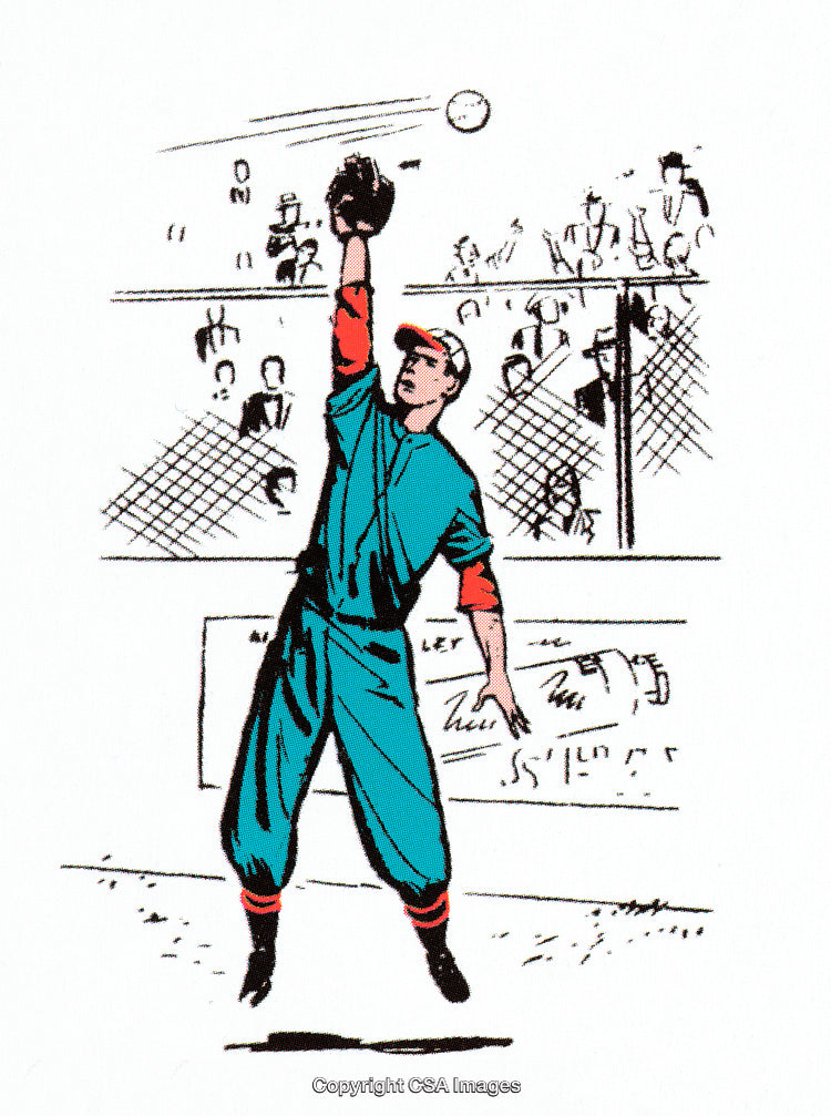 Vintage Baseball Player Catching a Ball in Colorful Comic Style