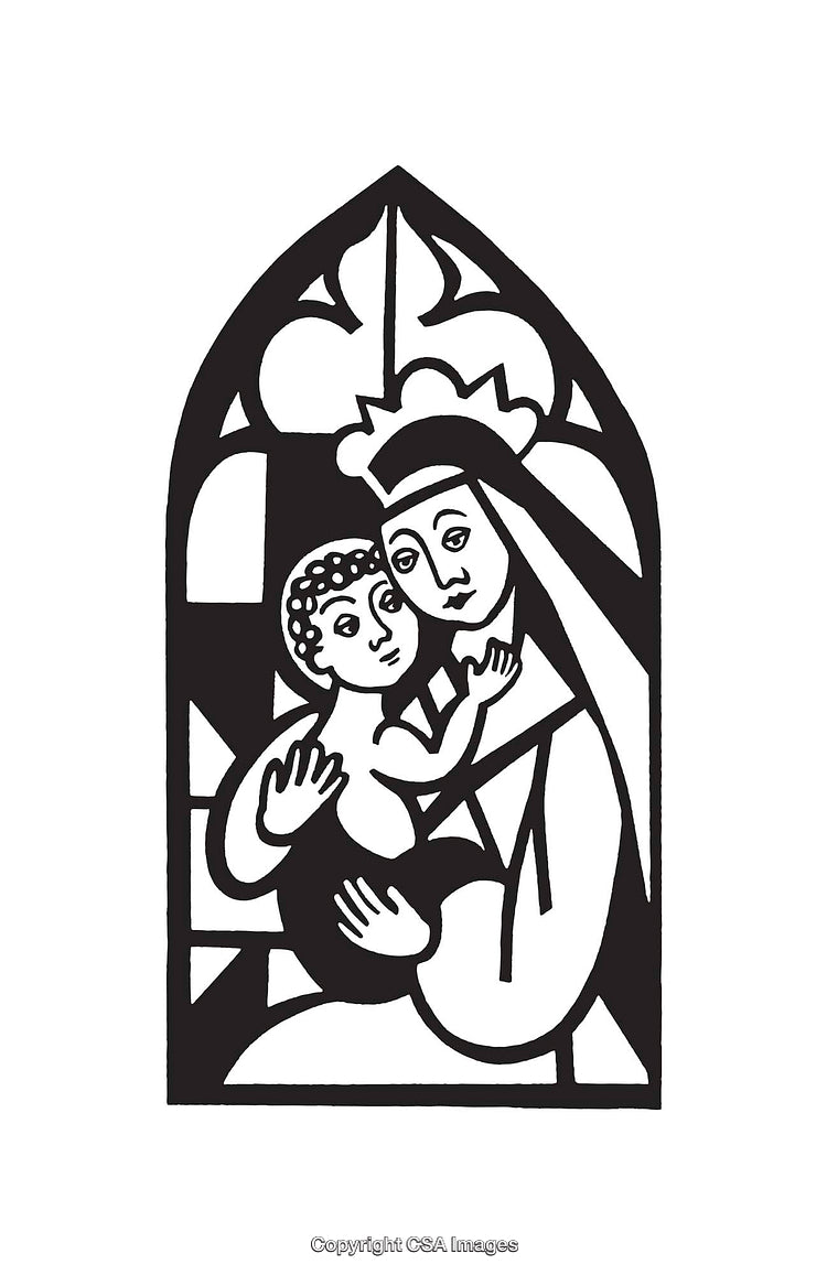 Black and White Religious Illustration of Mother and Child with Stained Glass