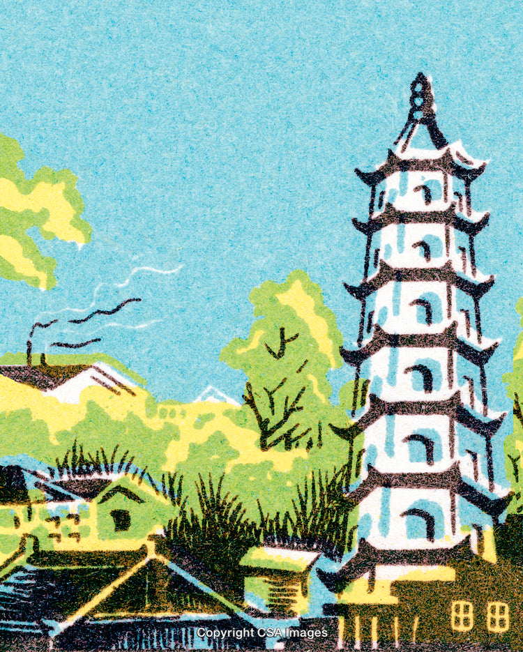Traditional Pagoda and Village Landscape in Vibrant Illustration Style