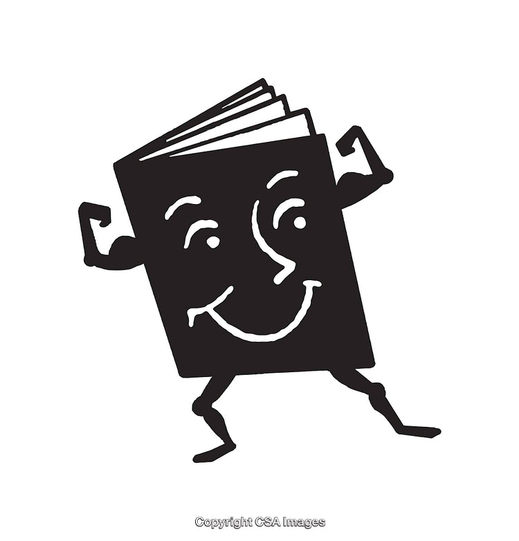 Smiling Book Illustration with Flexing Arms Showing Strength