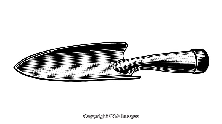 Hand Drawn Engraving of a Garden Trowel on White Background