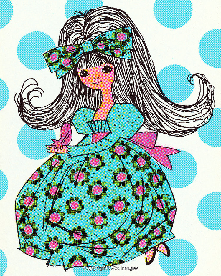 Whimsical Illustration of a Girl with Bow in Floral Dress Holding a Bird