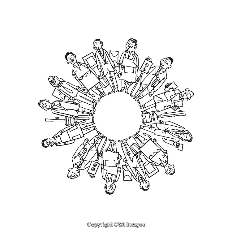 Circle of Business People Drawn in Black and White Line Art Style