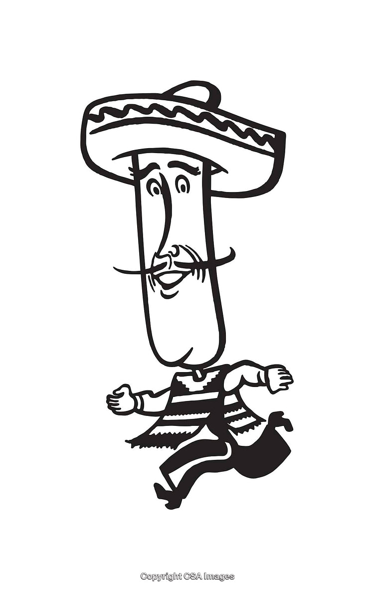 Black And White Line Art of Person in Traditional Outfit and Sombrero Hat