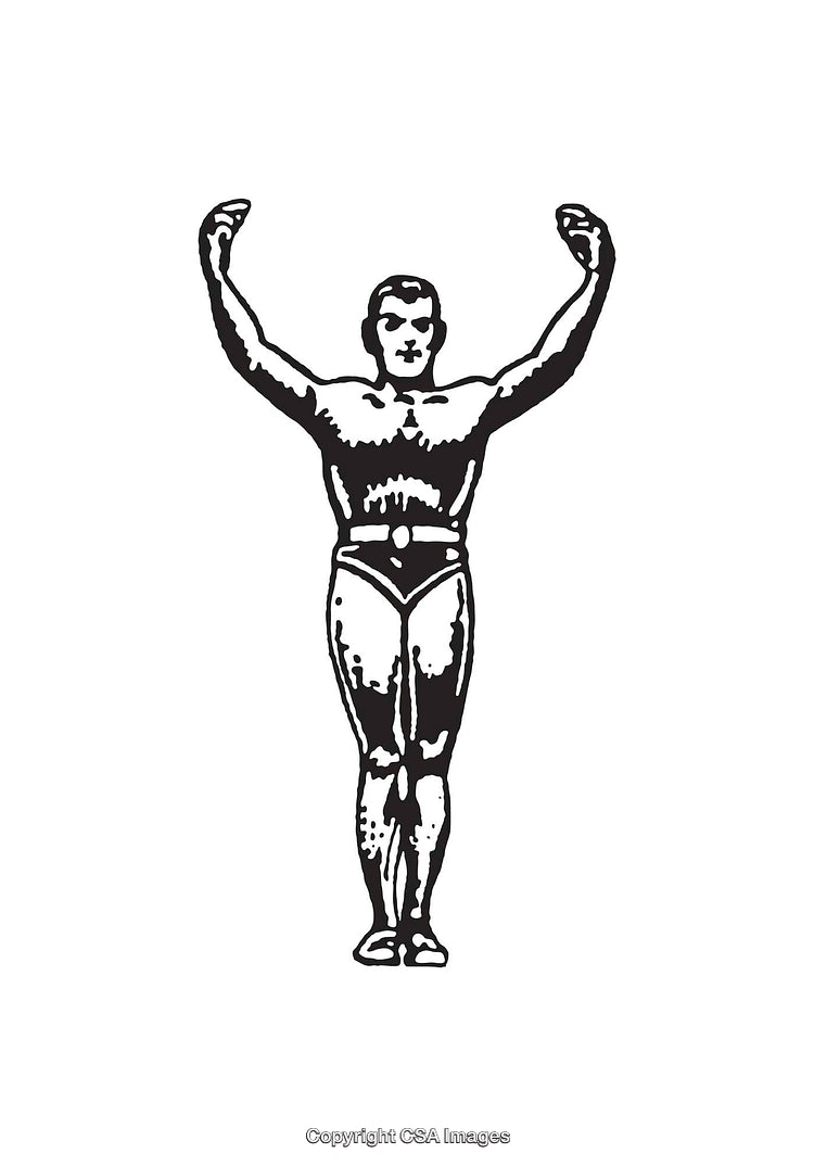 Vintage Black and White Illustration of a Strongman in a Victory Pose