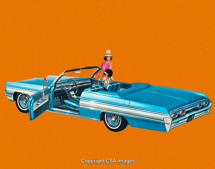 Stylish Vintage Convertible Car With People on Bold Orange Background
