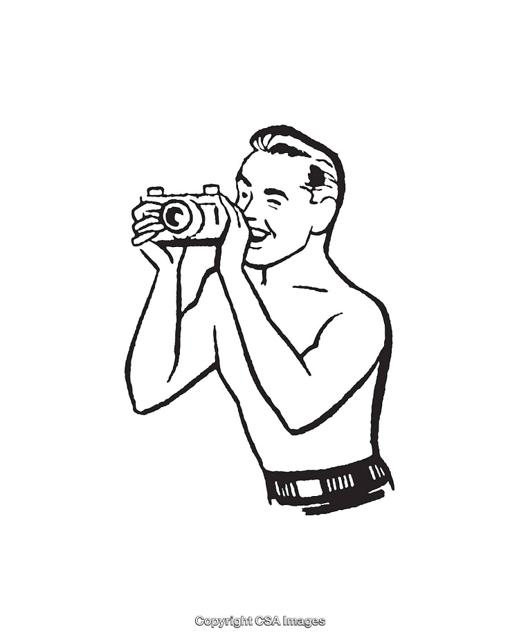Vintage Line Art Illustration of a Photographer Using a Camera