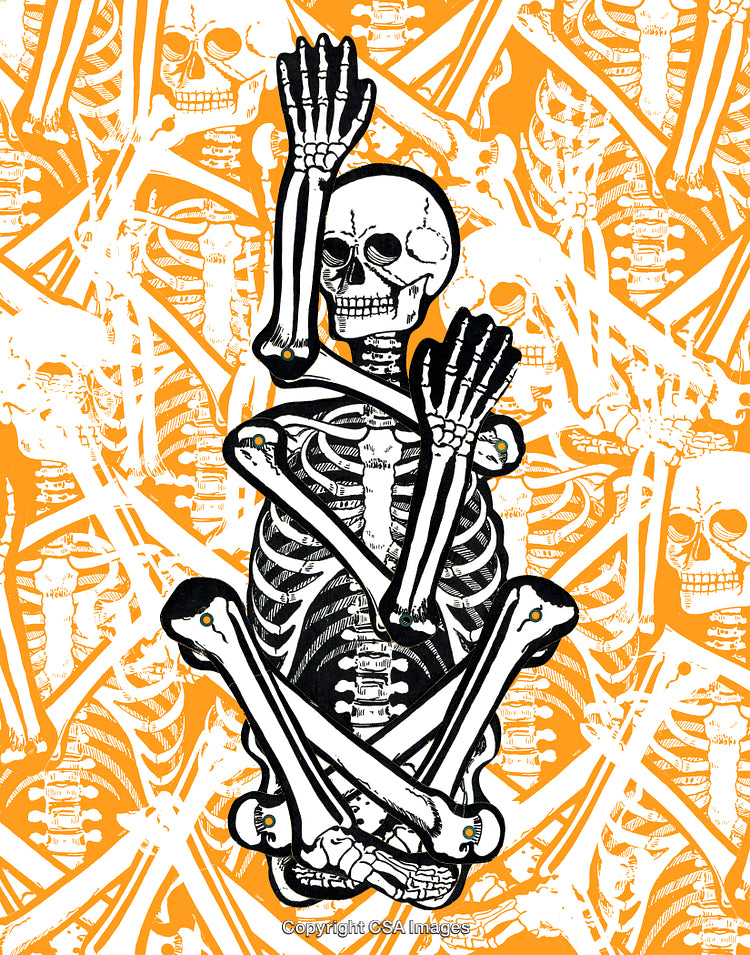 Artistic Skeleton Illustration with Vibrant Orange Patterned Background