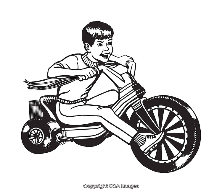 Black and White Illustration of a Child Riding a Toy Vehicle