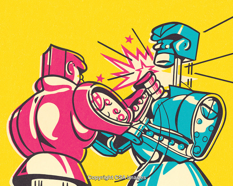 Vibrant Illustration of Robots Fighting in a Retro Pop Art Style
