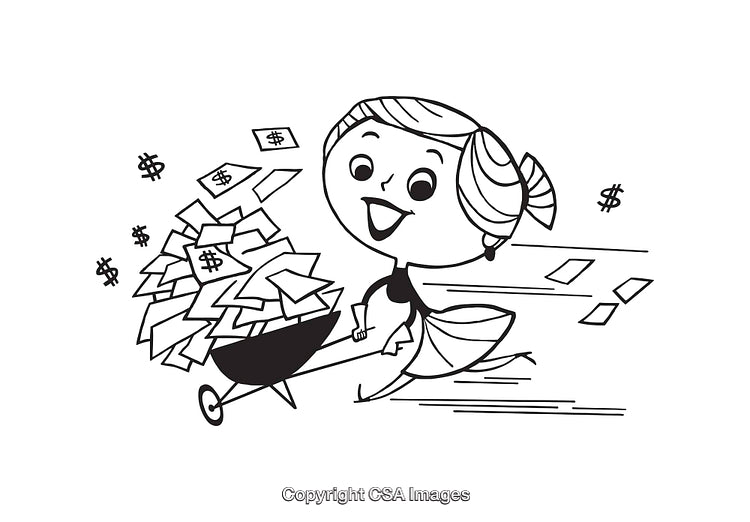 Black and White Line Art of Happy Woman with Money Overflowing