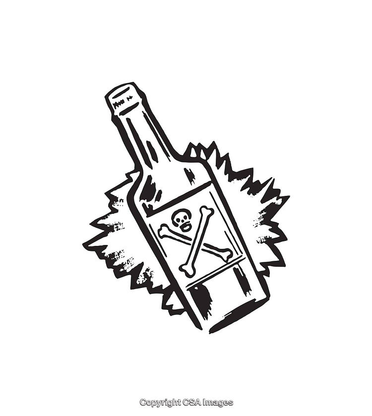 Black and White Line Art Poison Bottle with Skull Icon