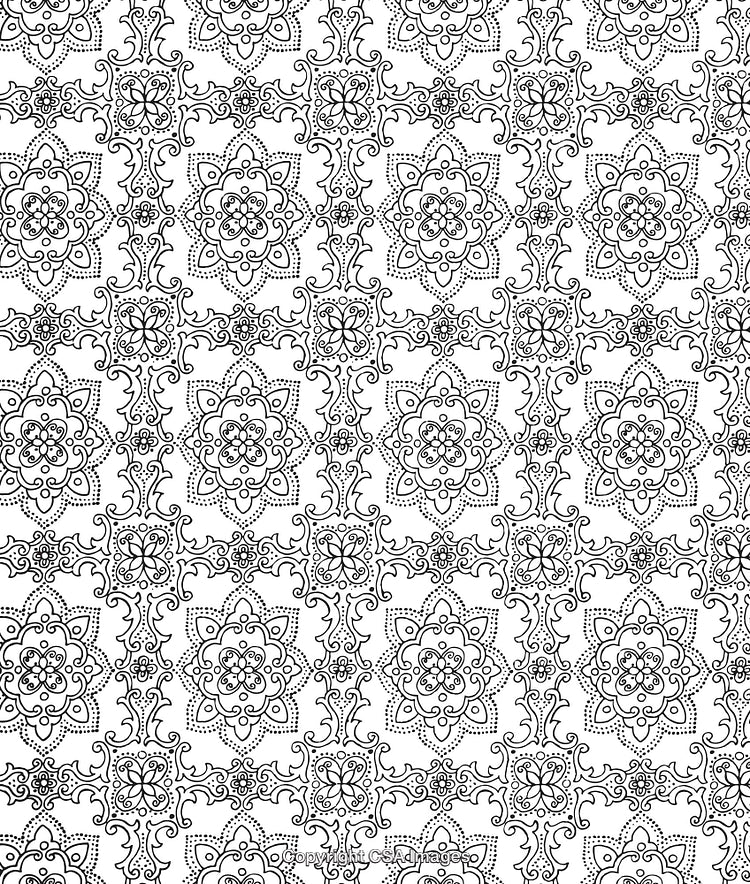 Ornamental Black And White Seamless Pattern with Floral Motifs and Symmetry