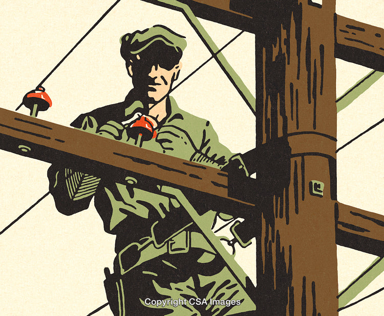 Vintage Illustration of Lineman Working on Utility Pole in Early 20th Century