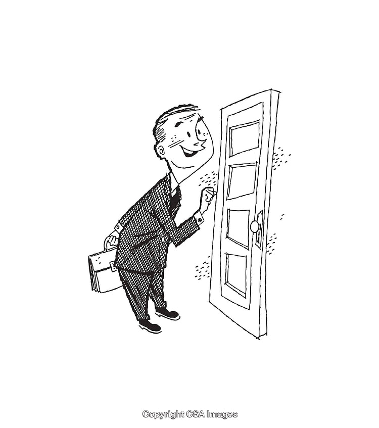 Retro Businessman Knocking on Door in Black and White Line Art