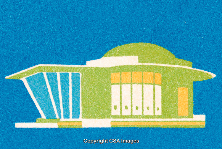 Illustration of a Modern Building with Vibrant Colors Against a Blue Background