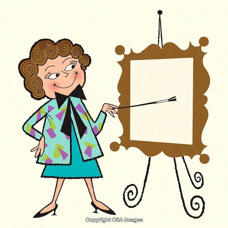Cartoon Female Teacher Pointing at Blank Frame on Presentation Easel