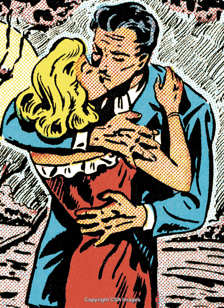 Romantic Couple Sharing an Embrace in Vintage Comic Illustration Style