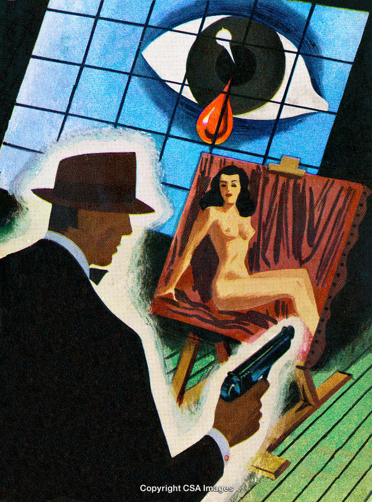 Mystery Illustration of Man, Artwork, Eye Symbol, and Gun in Retro Style