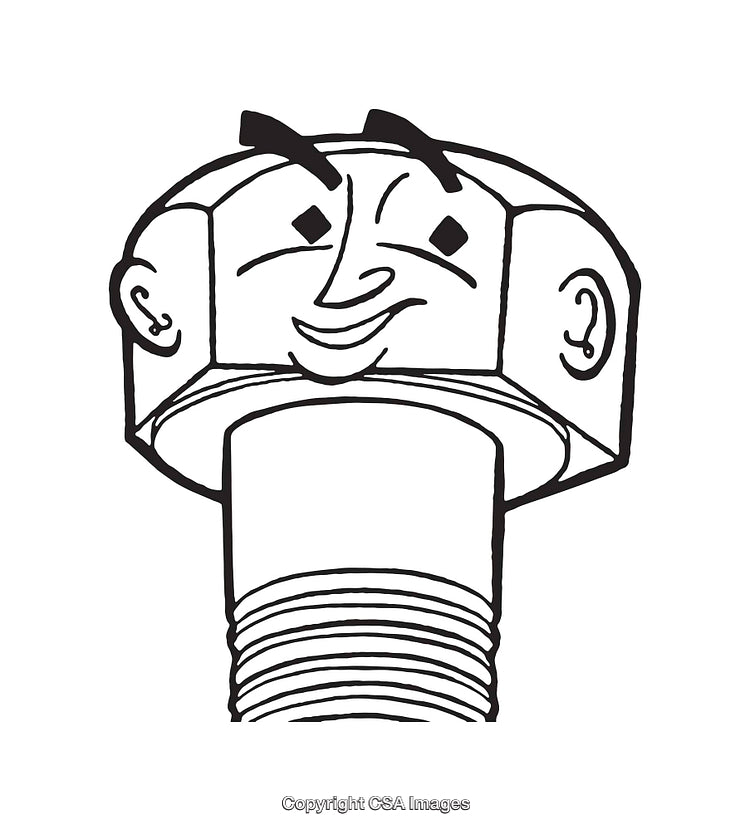 Illustrated Nut and Bolt with a Face in Black and White Line Art