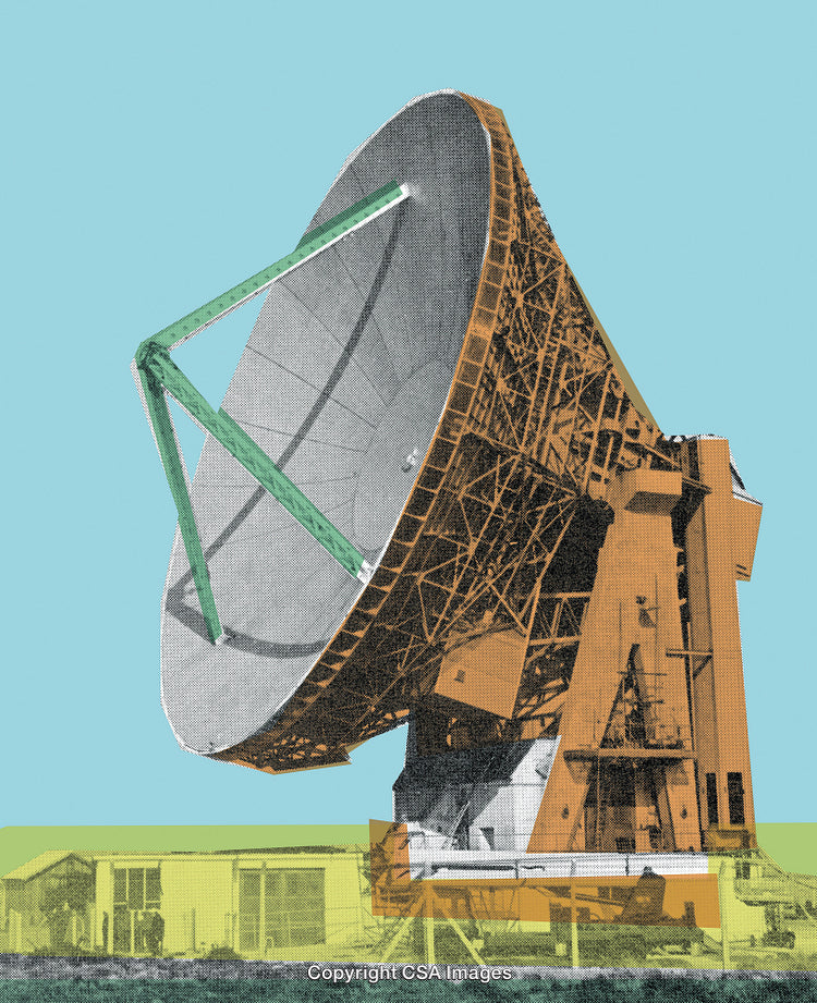 Stylized Satellite Dish Artwork with Retro Printing Texture and Bright Colors