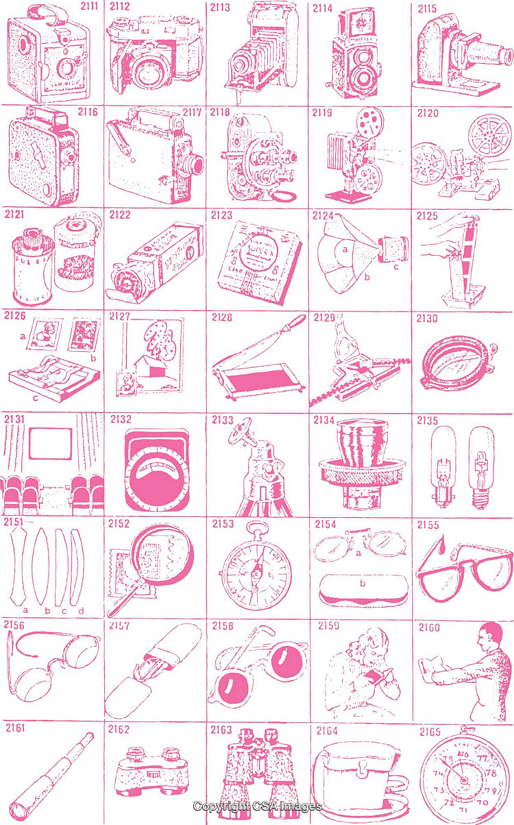 Vintage Illustration Compilation Featuring Cameras, Tools, and Binoculars in Single Color