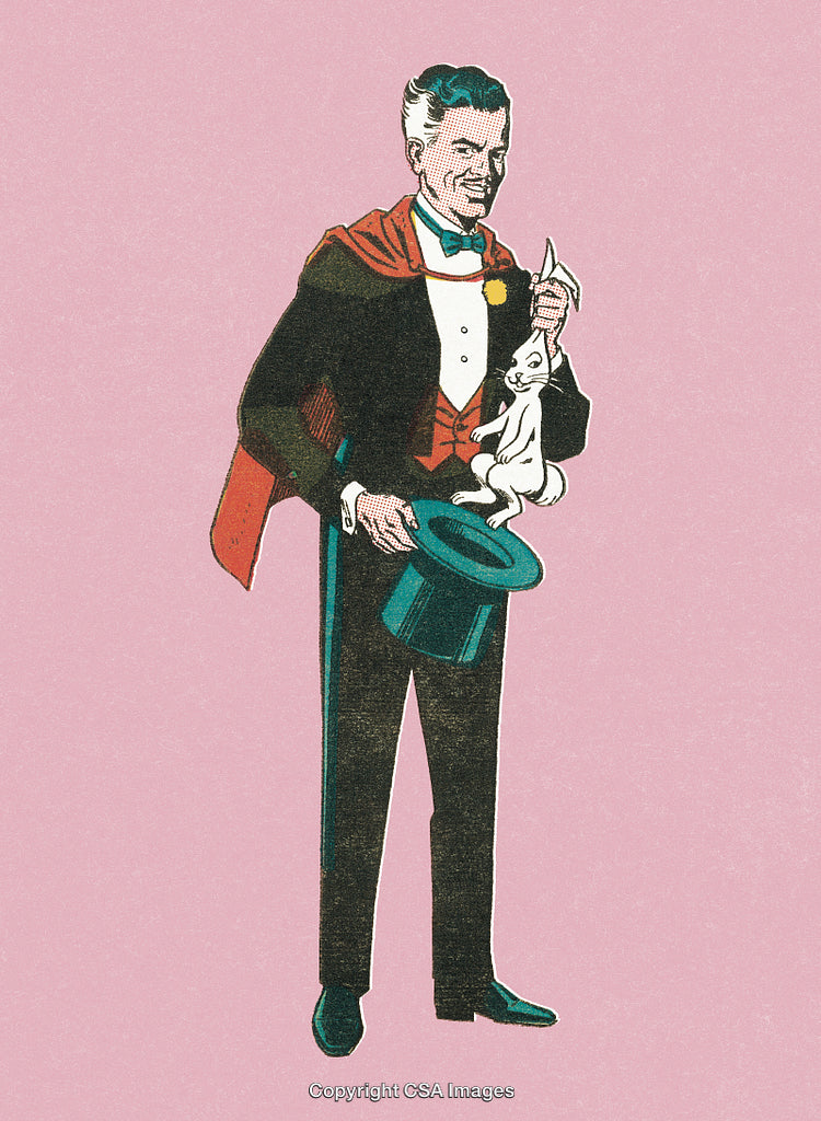 Vintage Magician Performing Classic Trick With Rabbit and Hat Illustration