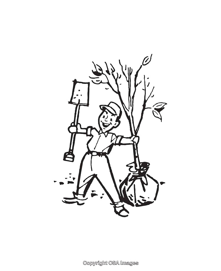 Illustration of a Smiling Worker with Shovel Planting a Young Tree