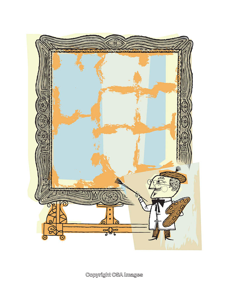 Whimsical Artist Illustrating on a Large Ornate Framed Canvas