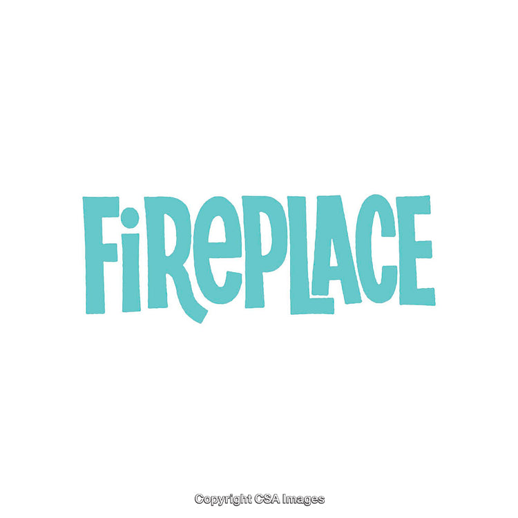 Playful Turquoise Text Illustration of the Word Fireplace on White Background