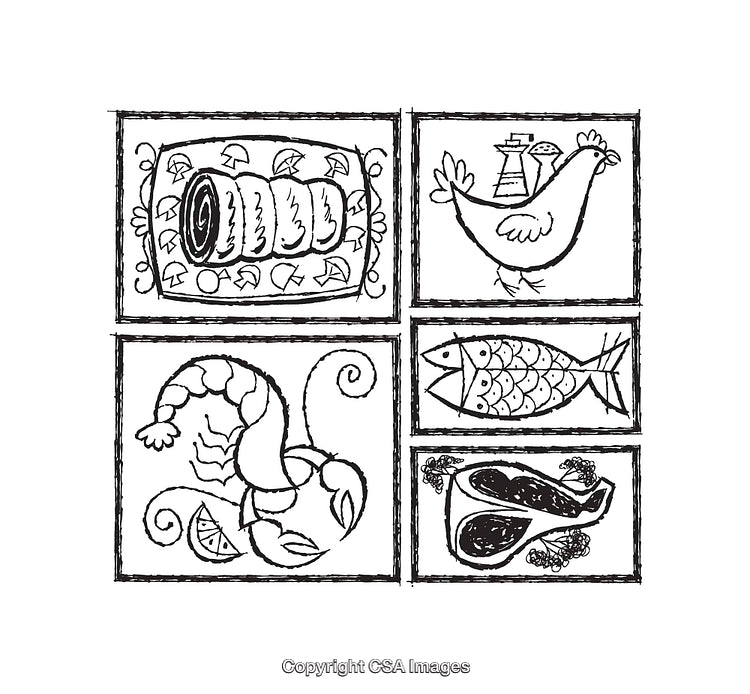 Black and White Illustrations of Various Food Items in Artistic Style