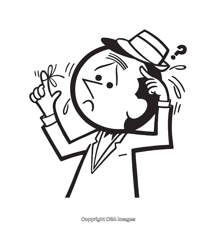 Black and White Line Art of a Confused Man Remembering Something