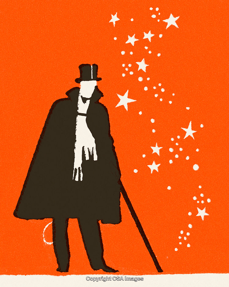 Mystical Figure in Elegant Clothing Amidst Star Accents on Orange Background