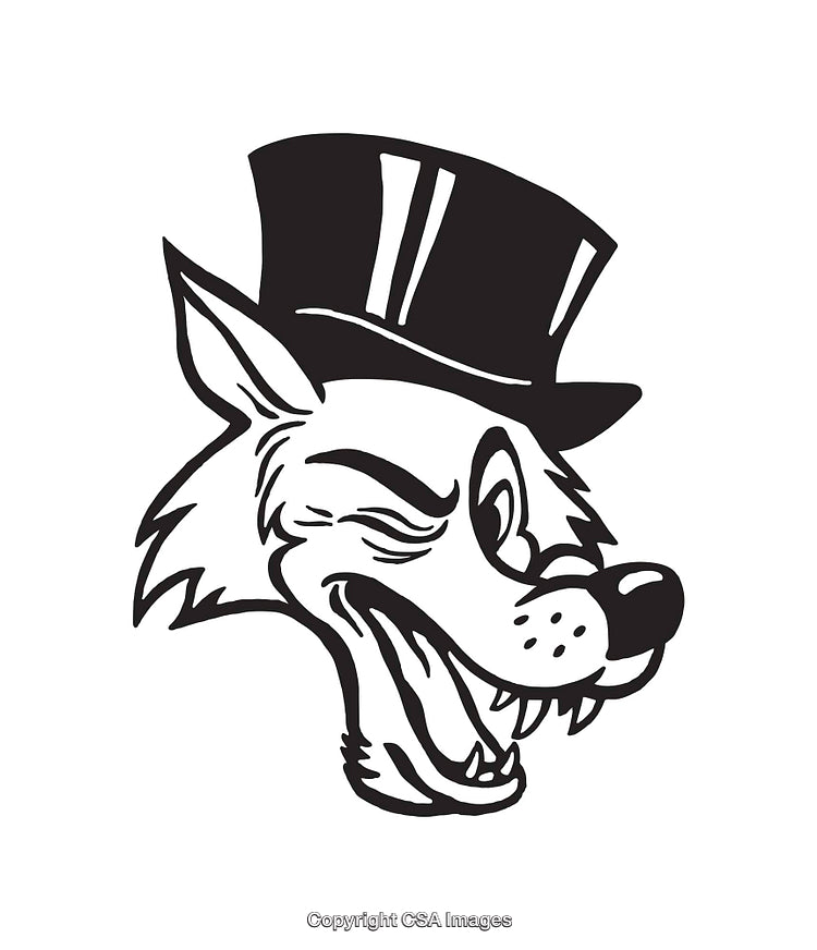 Black and White Illustration of a Top-Hat Wearing Winking Wolf