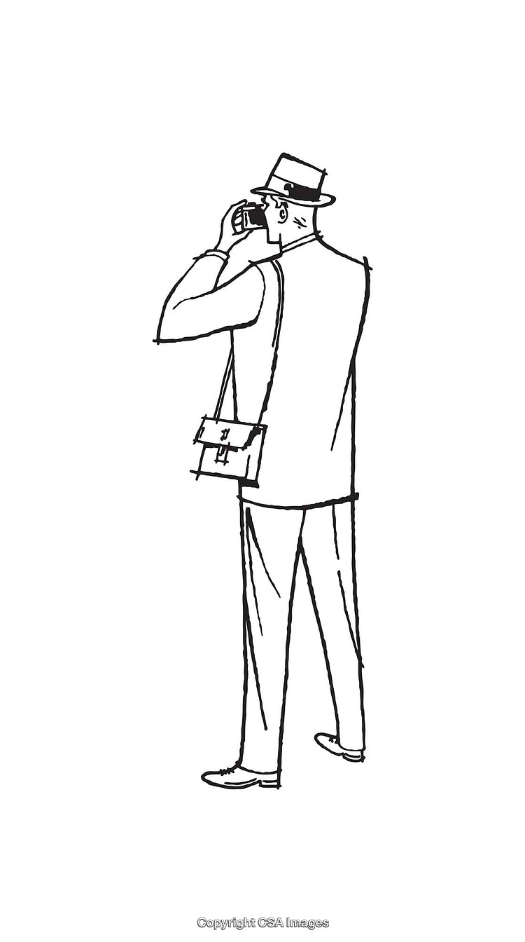 Black and White Line Art of a Man Taking a Photograph