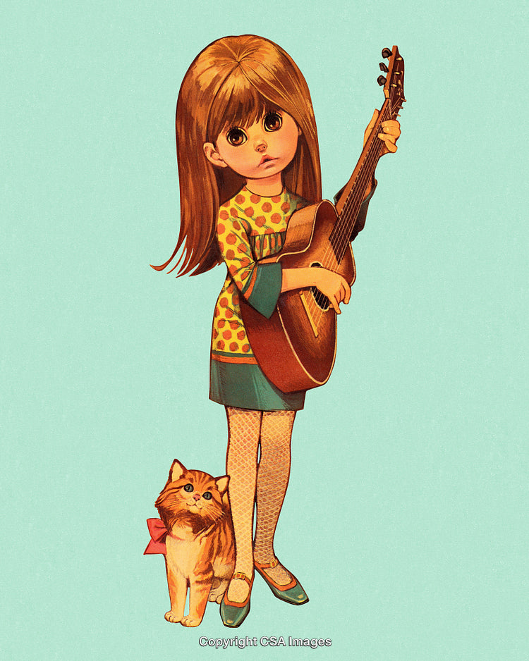Retro Illustration of a Girl Playing Guitar Beside a Playful Cat