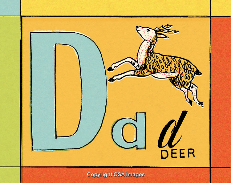 Vintage Alphabet Illustration Featuring Letter D and Leaping Deer