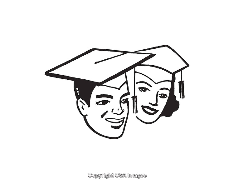 Black and White Line Art of Graduates in Caps and Gowns Smiling