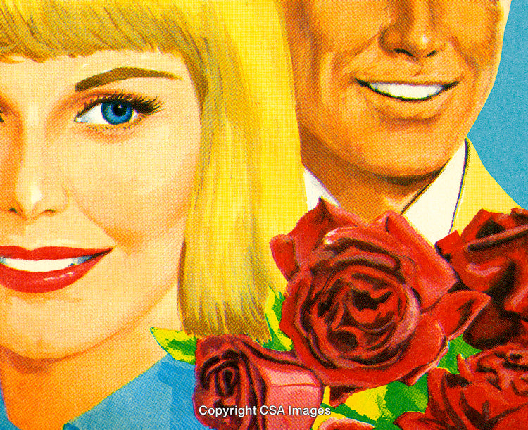 Retro Art of Couple with Roses and Bright Expressions