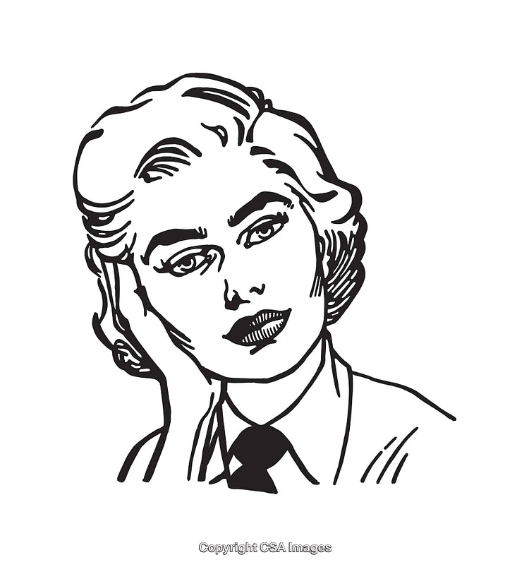 Vintage Black and White Line Art of a Thoughtful Woman