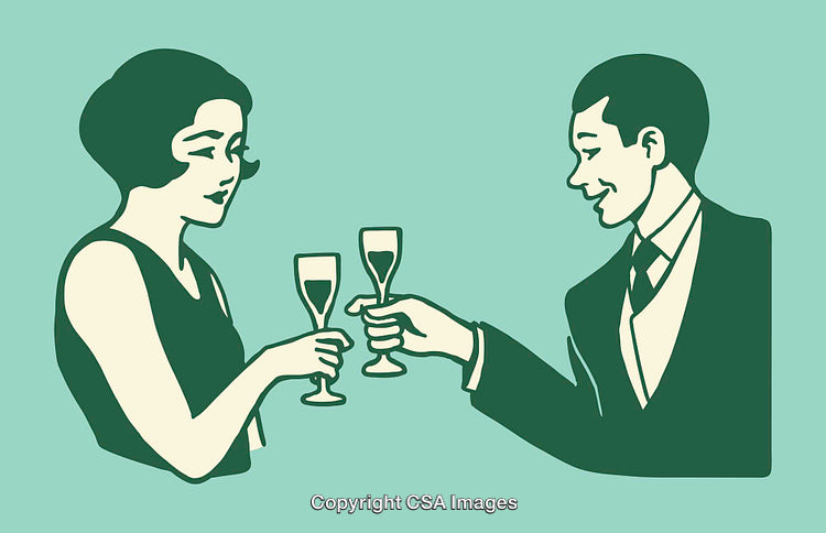 Elegant Retro Illustration of a Couple Toasting with Champagne Glasses